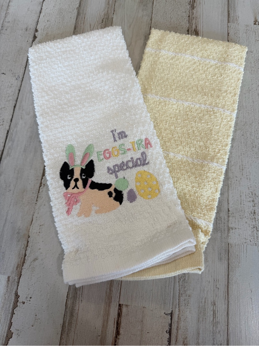 Easter Boston Terrier Dog Kitchen Towels Set of 2 “I’m Eggs-tra Special”